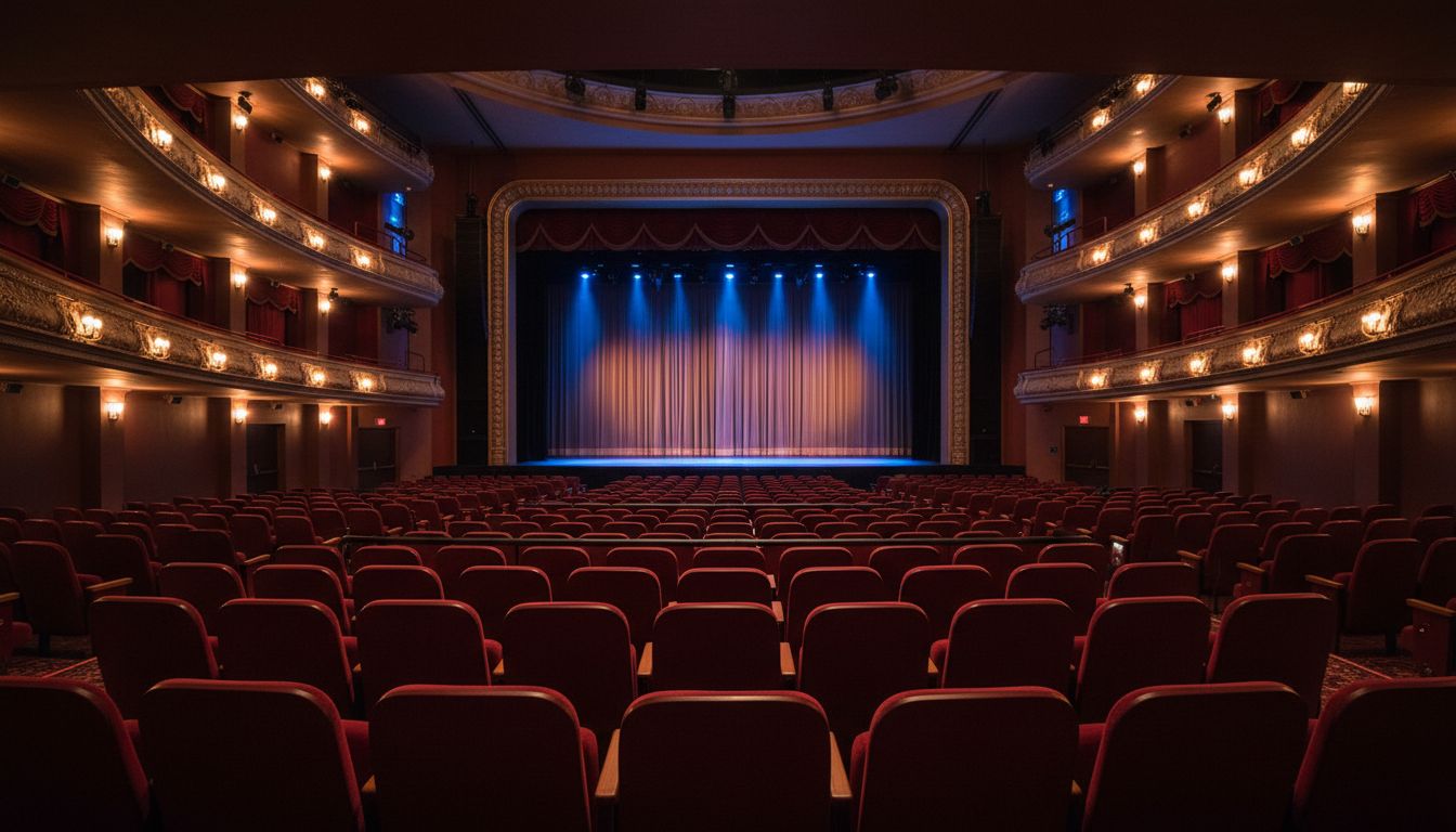Une salle de spectacle avant le lever de rideau, fauteuils vides et scène éclairée